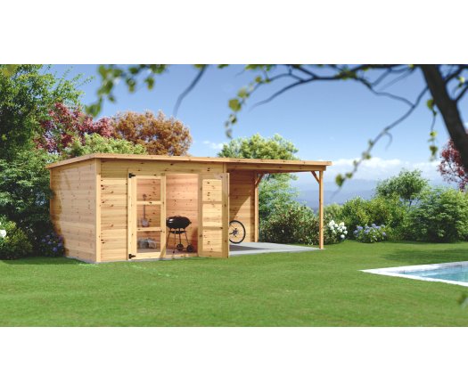 Abri Poolhouse Bahia avec bucher, Epicéa Madriers 28mm, 6.20 x 3.20m, 19.80m²