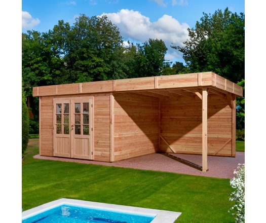 Abri Dhana avec bûcher, Douglas Madriers 28mm, 5.75 x 3.00m, 17.25m²