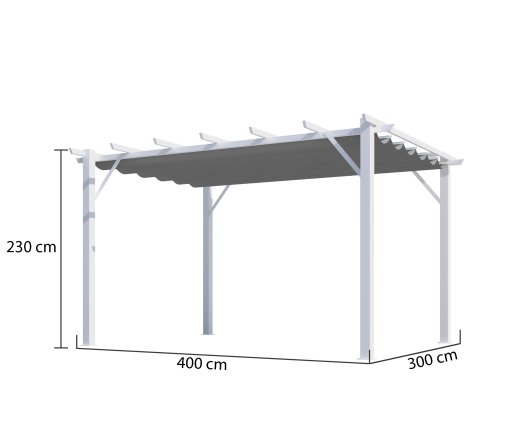 Pergola Bioclimatique, aluminium blanc Poteaux 10x10 cm, Toile couleur gris, 4.0 x 3.0 m, 12m²