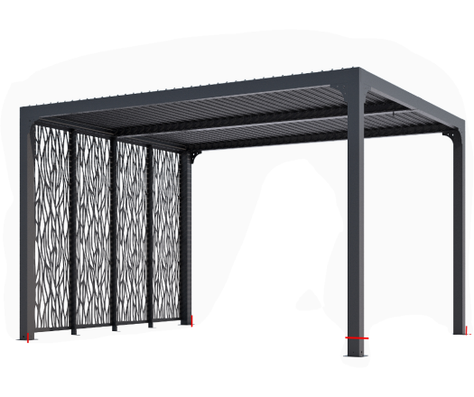 Pergola bioclimatique avec ventelles avec 4 panneaux moucharabieh coté 3m, Aluminium gris anthracite, 3.60 x 3.00m, 10.80m²