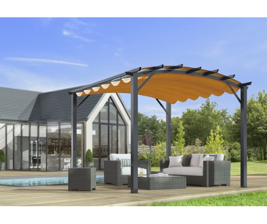 Pergola arche, structure mixte aluminium/acier coloris gris anthracite toile couleur rouille, 3.40 x 3.30 m, 11.20m²