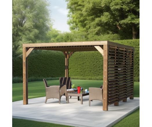 Pergola Thermauvent   avec ventelles mobiles sur le toit et un mur avec visserie inox, THT, 3.10 x 3.40m, 10.5m²