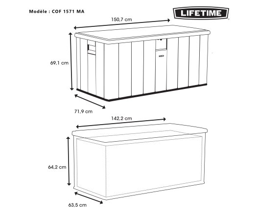 Coffre de jardin, résine, 1.50m x 0.71m, 1.00m²