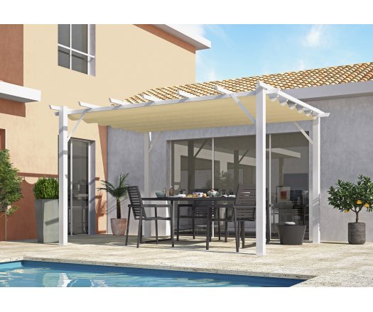 Pergola Bioclimatique, aluminium blanc Poteaux 10x10 cm, Toile couleur écru, 4.0 x 3.0 m, 12m²