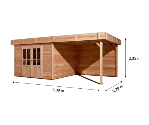 Abri Dhana avec bûcher, Douglas Madriers 28mm, 5.75 x 3.00m, 17.25m²