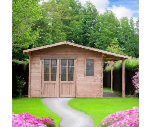 Abri Dhana avec bûcher, Douglas Madriers 28mm, 3.50 x 3.50m, 12.25m²