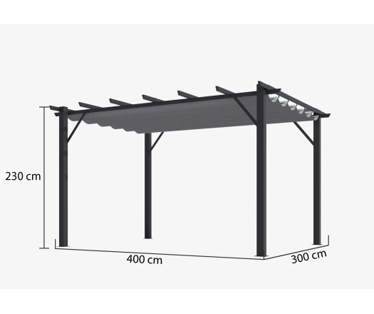 Pergola Bioclimatique, aluminium Gris anthracite Poteaux 10x10 cm, Toile couleur gris, 4.0 x 3.0 m, 12m²