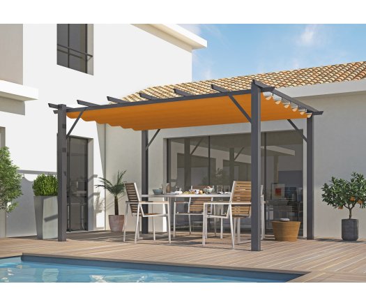 Pergola Bioclimatique, aluminium Gris anthracite Poteaux 10x10 cm, Toile couleur rouille, 4.0 x 3.0 m, 12m²