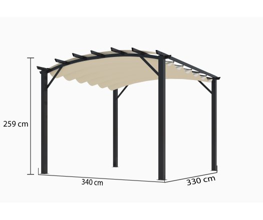 Pergola arche, structure mixte aluminium/acier coloris gris anthracite toile couleur écru, 3.40 x 3.30 m, 11.20m²