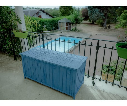 Coffre de rangement, Bois lasuré couleur bleue, 0.50 x 1.30 m, 0.65m²