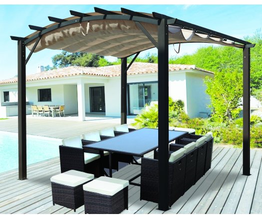 Pergola arche, structure mixte aluminium/acier coloris gris anthracite toile couleur écru, 3.40 x 3.30 m, 11.20m²