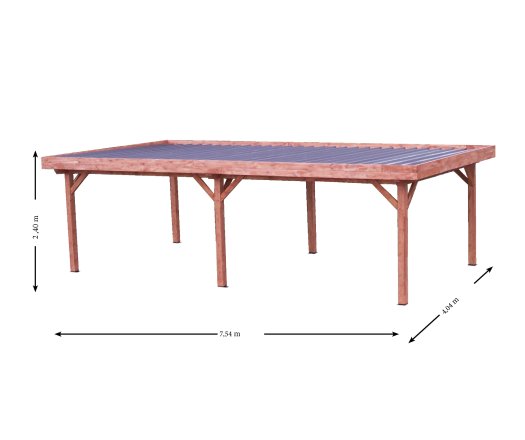 Auvent Ombra  et avec treillage en bois sur 1 côté, Sapin du nord couverture bac acier, 4.00 x 7.50m,  30m²