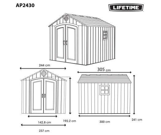 Abri, résine PEHD, imitation bois, grand  volume, avec plancher, 2.40m x 3.00m, 7.20m²