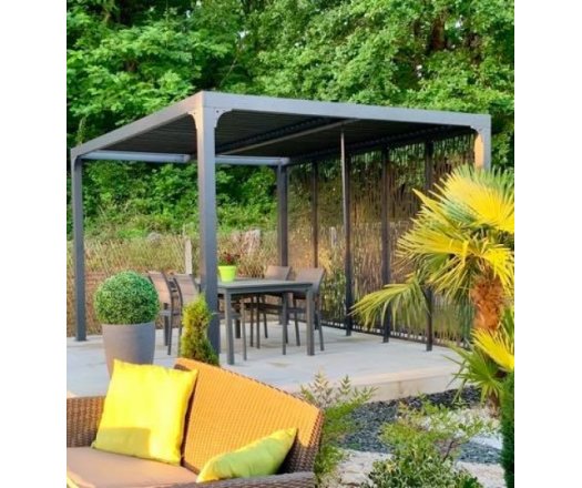 Pergola Bioclimatique avec ventelles et 5 panneaux moucharabieh, Aluminium gris anthracite, 3.60 x 3.00m, 10.80m²