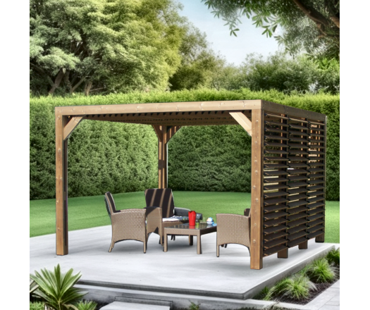 Pergola Thermauvent   avec ventelles mobiles sur le toit et un mur avec visserie inox, THT, 3.10 x 3.40m, 10.5m²