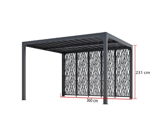 Pergola Bioclimatique avec ventelles et 5 panneaux moucharabieh, Aluminium gris anthracite, 3.60 x 3.00m, 10.80m²