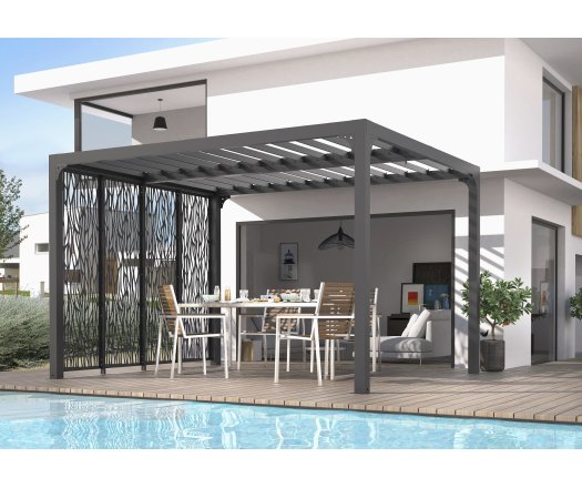 Pergola bioclimatique avec ventelles avec 4 panneaux moucharabieh coté 3m, Aluminium gris anthracite, 3.60 x 3.00m, 10.80m²