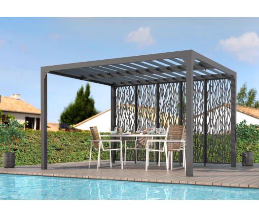 Pergola Bioclimatique avec ventelles et 5 panneaux moucharabieh, Aluminium gris anthracite, 3.60 x 3.00m, 10.80m²