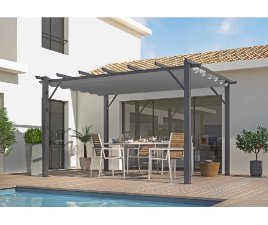 Pergola Bioclimatique, aluminium Gris anthracite Poteaux 10x10 cm, Toile couleur grise, 4.0 x 3.0 m, 12m²