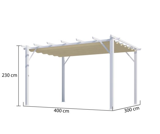 Pergola Bioclimatique, aluminium blanc Poteaux 10x10 cm, Toile couleur écru, 4.0 x 3.0 m, 12m²