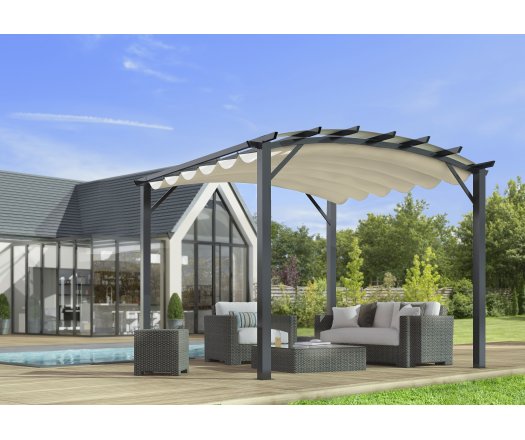 Pergola arche, structure mixte aluminium/acier coloris gris anthracite toile couleur écru, 3.40 x 3.30 m, 11.20m²