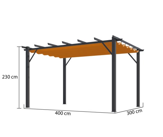 Pergola Bioclimatique, aluminium Gris anthracite Poteaux 10x10 cm, Toile couleur rouille, 4.0 x 3.0 m, 12m²