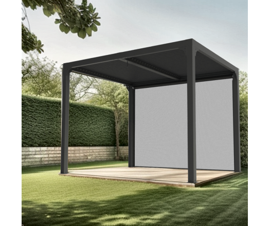 Pergola Bioclimatique avec ventelles avec rideau coté 3m, Aluminium gris anthracite, 2.40 x 3.00m, 7.20m²