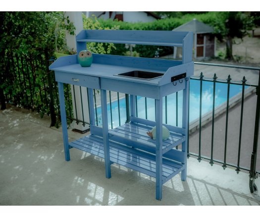 Table multiusages, bois lasurée couleur bleue