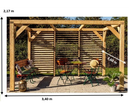 Pergola Veneto avec ventelles réglables / 1 Côté, Epicéa/Sapin traité, 3.60 x 3.40 m, 12.20m²