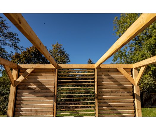 Pergola Veneto avec ventelles orientables, Bois douglas, 3.40 x 3.60m, 12.20m²