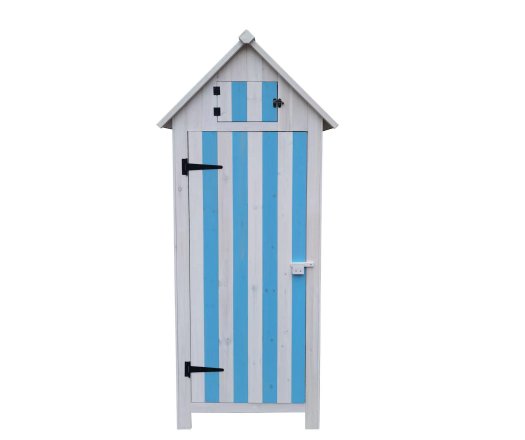 Armoire cabine de rangement équipée de 3 étagères, Bois lasurée couleur bleue et blanche, 0.52 x 0.54 m, 0.28m²