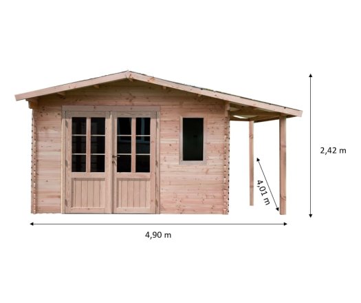 Abri Dhana avec bûcher, Douglas Madriers 28mm, 3.50 x 3.50m, 12.25m²