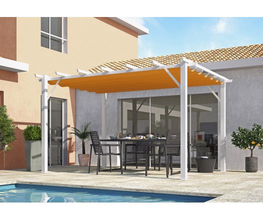 Pergola Bioclimatique, aluminium blanc Poteaux 10x10 cm, Toile couleur rouille, 4.0 x 3.0 m, 12m²