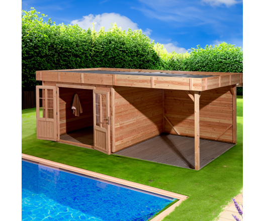Abri Dhana avec bûcher, Douglas Madriers 28mm, 5.75 x 3.00m, 17.25m²