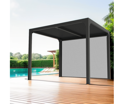 Pergola Bioclimatique avec ventelles avec rideau coté 3m, Aluminium gris anthracite, 2.40 x 3.00m, 7.20m²