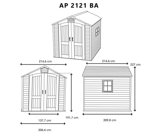 Abri, résine PEHD, imitation bardage, grand  volume, avec plancher, 2.10m x 2.10m, 4.40m²