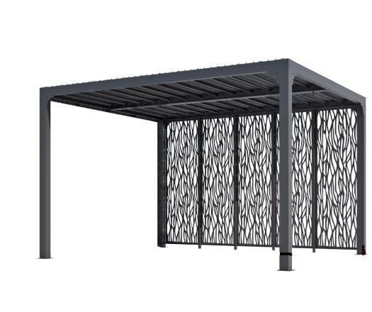 Pergola Bioclimatique avec ventelles et 5 panneaux moucharabieh, Aluminium gris anthracite, 3.60 x 3.00m, 10.80m²