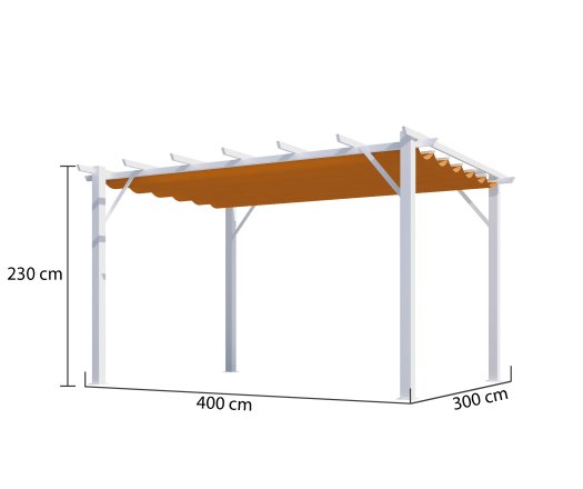 Pergola Bioclimatique, aluminium blanc Poteaux 10x10 cm, Toile couleur rouille, 4.0 x 3.0 m, 12m²