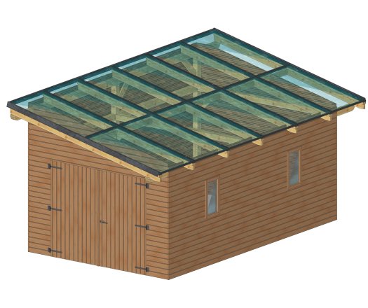 Garage photovoltaïque Wattoit 6kWc, THT lamellé collé 120 x 120 mm, 3.75 x 6.97m, 26.14 m²