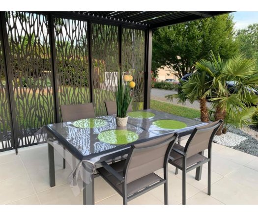 Pergola Bioclimatique avec ventelles et 5 panneaux moucharabieh, Aluminium gris anthracite, 3.60 x 3.00m, 10.80m²