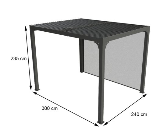 Pergola Bioclimatique avec ventelles avec rideau coté 3m, Aluminium gris anthracite, 2.40 x 3.00m, 7.20m²