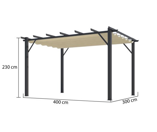 Pergola Bioclimatique, aluminium Gris anthracite Poteaux 10x10 cm, Toile couleur écru, 4.0 x 3.0 m, 12m²