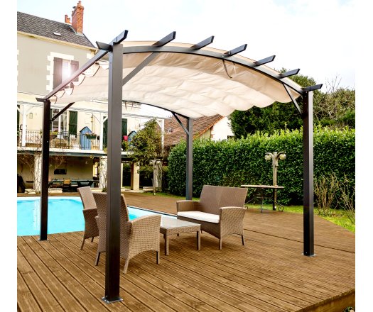 Pergola arche, structure mixte aluminium/acier coloris gris anthracite toile couleur écru, 3.40 x 3.30 m, 11.20m²