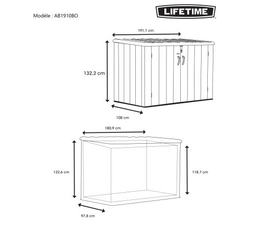 Coffre de jardin, résine PEHD, imitation bois, grand volume, 1.90m x 1.00m, 1.90m²