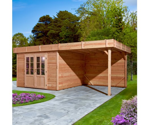 Abri Dhana avec bûcher, Douglas Madriers 28mm, 5.75 x 3.00m, 17.25m²