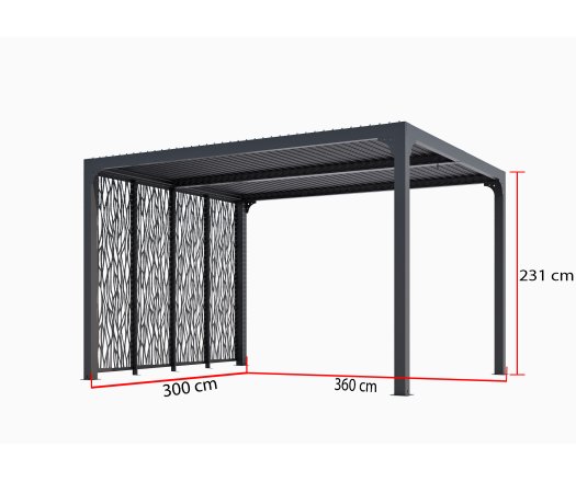 Pergola bioclimatique avec ventelles avec 4 panneaux moucharabieh coté 3m, Aluminium gris anthracite, 3.60 x 3.00m, 10.80m²