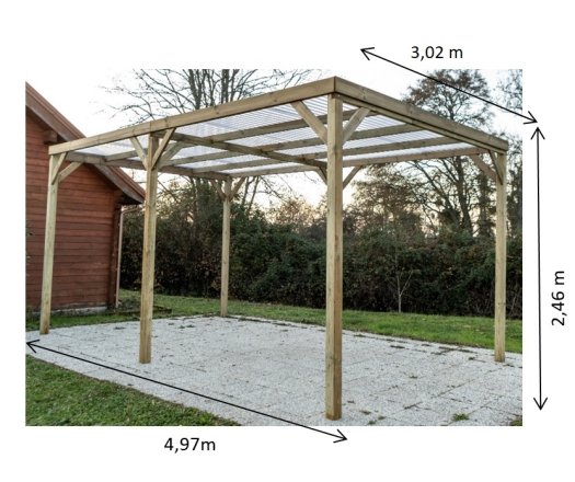 Carport Economique, Pin sylvestre traité autoclave classe III, 3.00 x 5.00m, 15.00m²