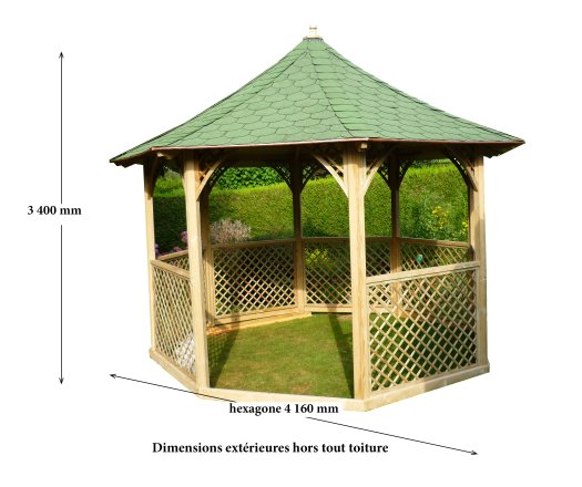 Pavillon Octogonal de luxe, Sapin massif traité autoclave, Diamètre de  4.16m, 8.78m²