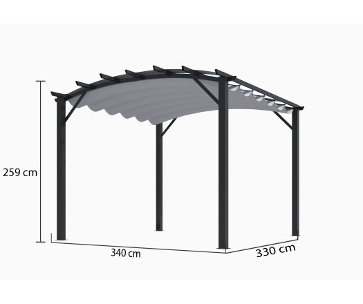 Pergola arche, structure mixte aluminium/acier coloris gris anthracite toile couleur gris, 3.40 x 3.30 m, 11.20m²