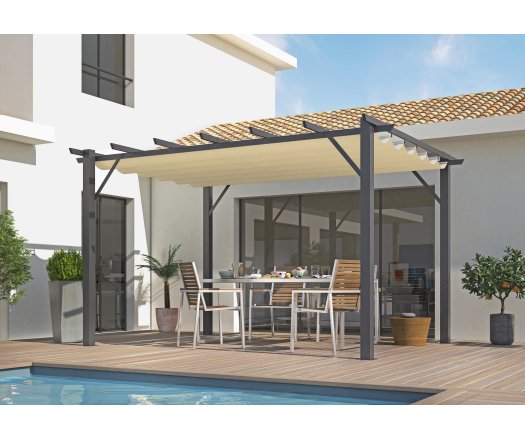 Pergola Bioclimatique, aluminium Gris anthracite Poteaux 10x10 cm, Toile couleur écru, 4.0 x 3.0 m, 12m²